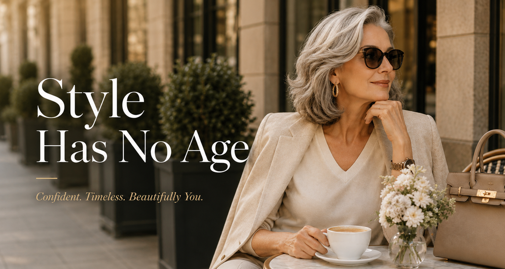 Senior woman in elegant neutral quiet luxury outfit